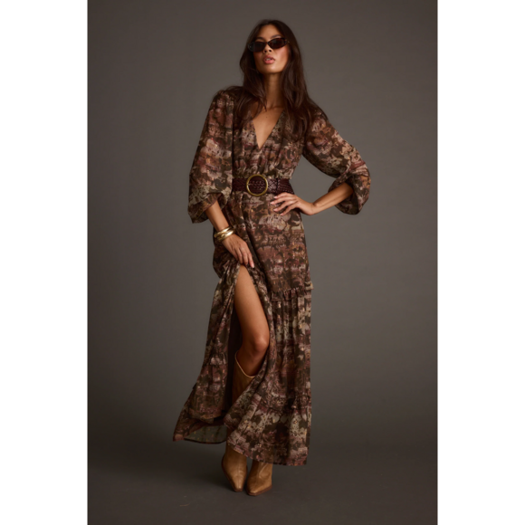 12th Tribe Tops - 12th Tribe Raindance Floral Long Sleeved Maxi Dress in Brown
